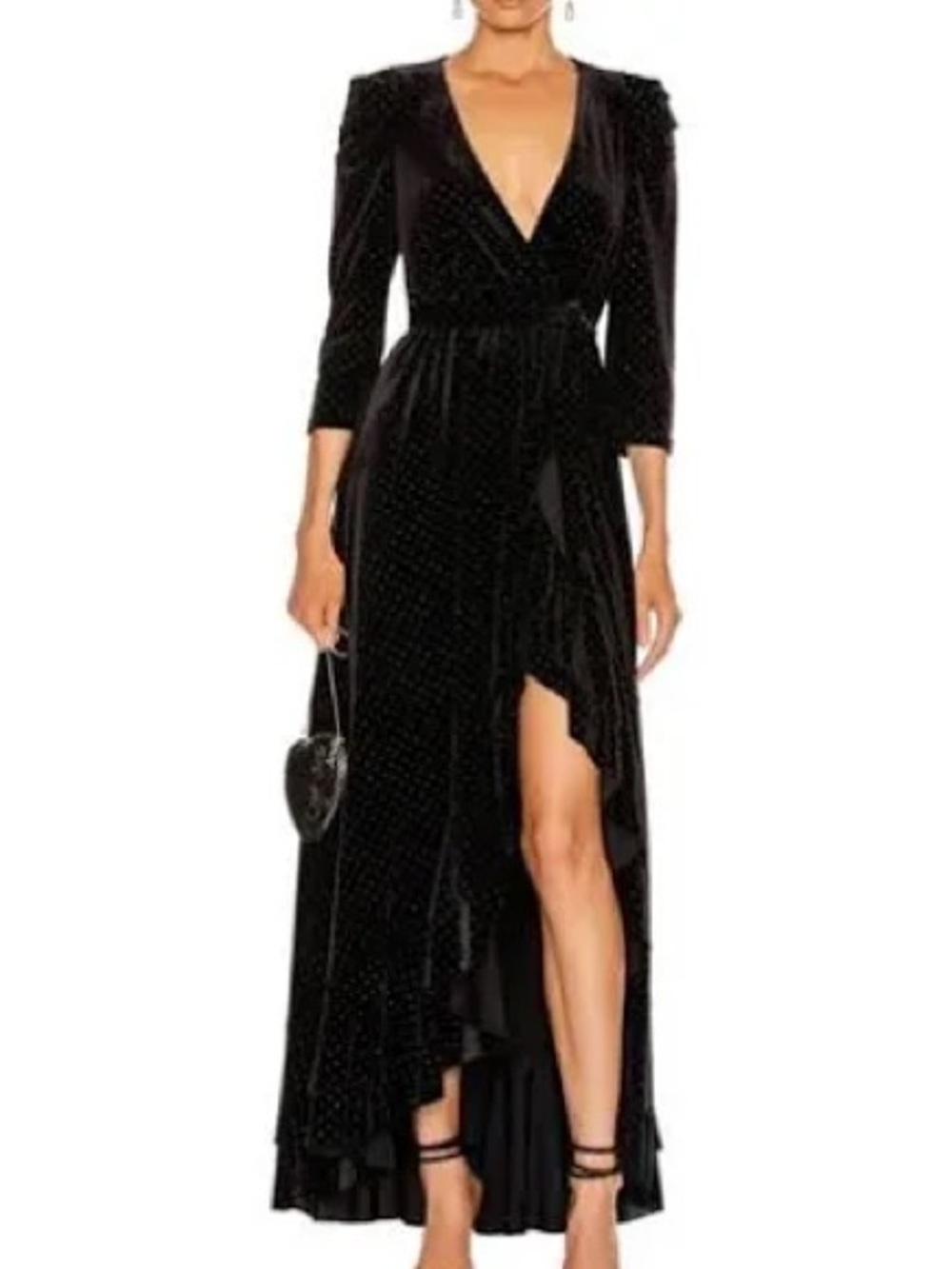 retrofete puff shoulder, black velvet, studded ruffled wrap dress